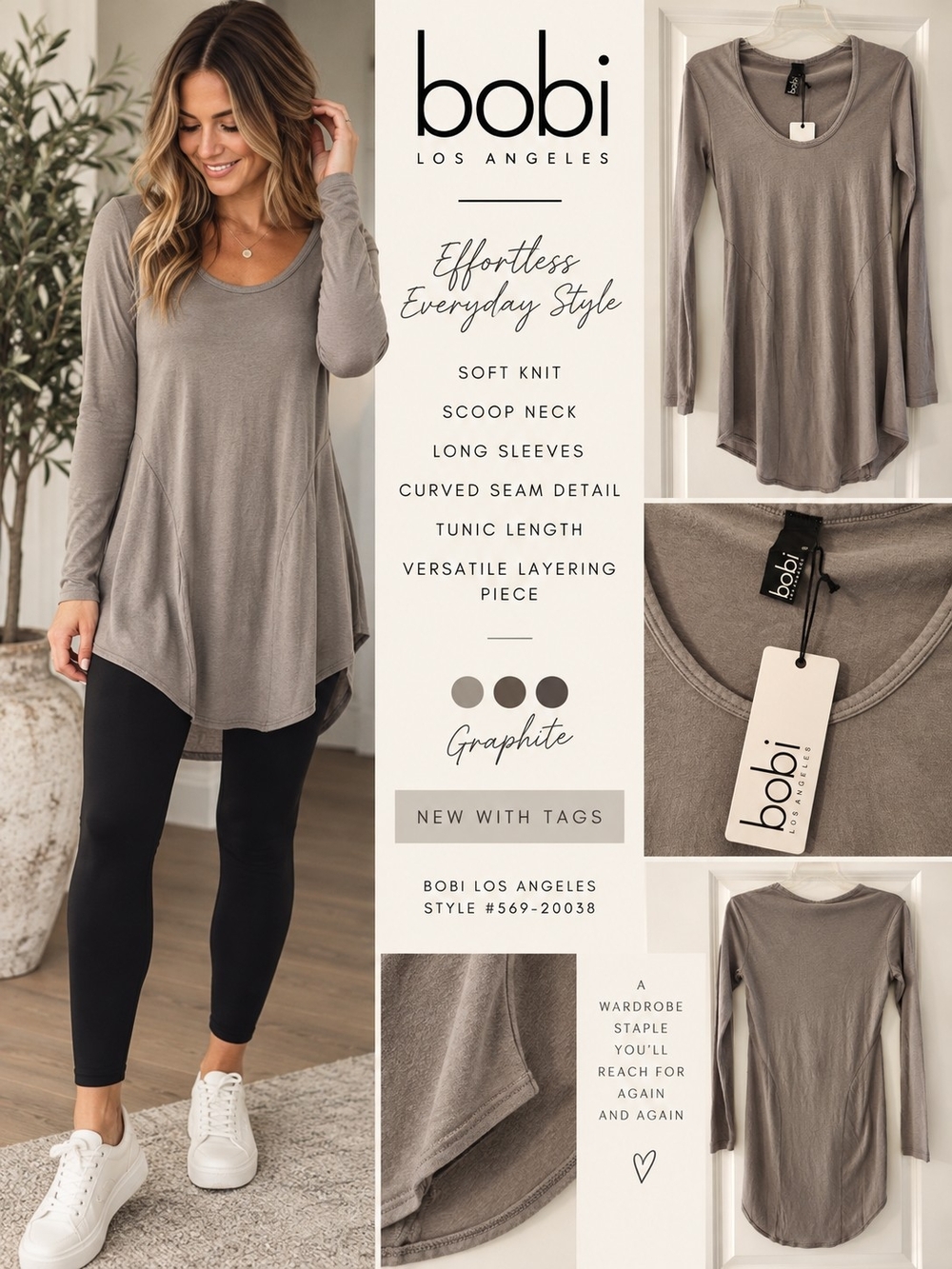 Bobi Los Angeles Graphite Long Sleeve Scoop Neck Curved Hem Tunic Top S NWT